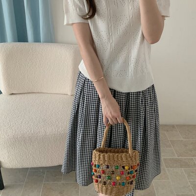 实拍 新款短袖白色冰丝镂空针织衫上衣女圆领套头显瘦休闲百搭