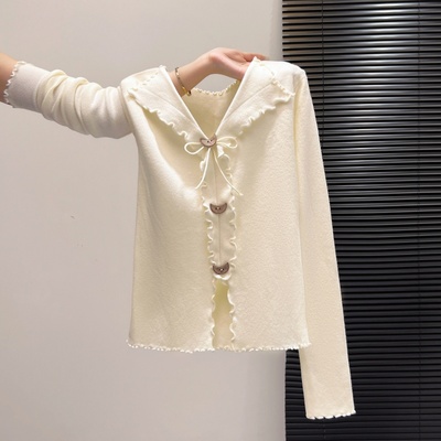 实拍法式复古木耳边翻领长袖针织衫女秋冬季设计感修身显瘦上衣