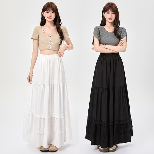 实拍韩系蕾丝花边蛋糕半身裙女春夏高腰显瘦A字大摆中长款伞裙