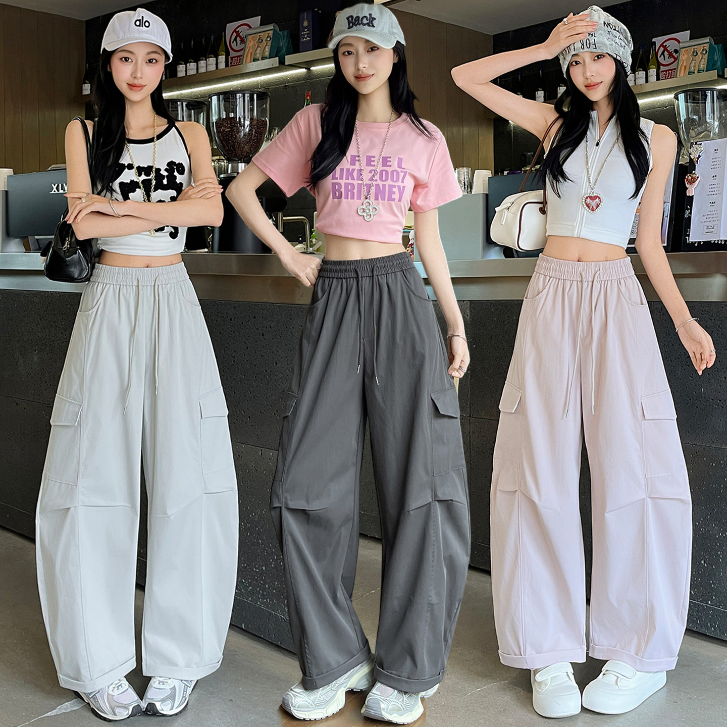 工装裤女款2026夏季新款高腰直筒裤子酷飒风美式运动弯刀阔腿裤