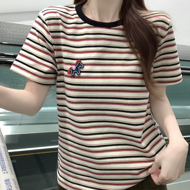 实拍250克螺纹条纹短袖t恤女装夏新款韩系卡通刺绣花圆领上衣