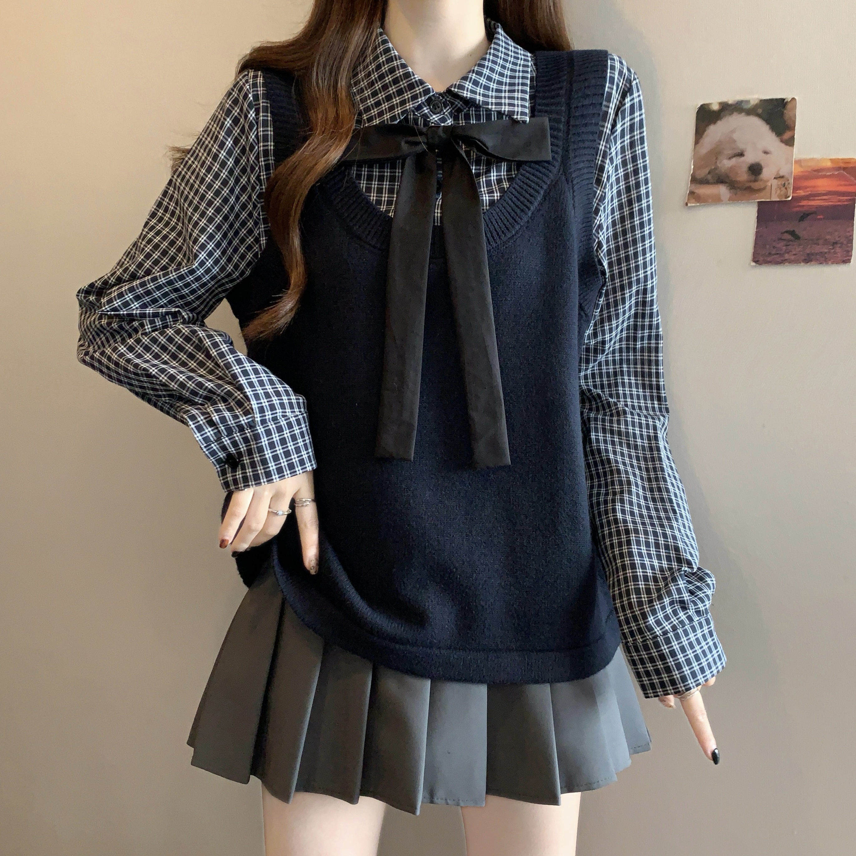 实拍~胖MM大码学院风假两件蝴蝶结拼接条纹衬衫针织宽松显瘦上衣