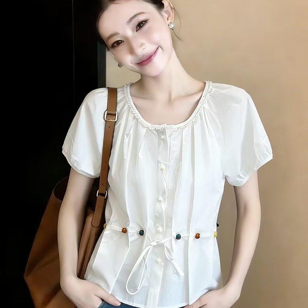 实拍有货2026夏新款彩色串珠腰带衬衣女夏气质圆领短袖上衣