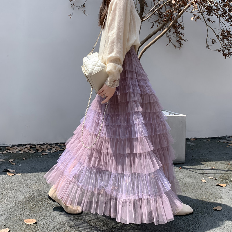 实拍春季仙气重工网纱蛋糕裙半身裙女长款设计感小众显瘦大摆长裙