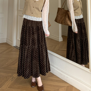 有货2025秋冬法式 麂皮绒印花圆点半身裙女松紧腰a字拼接蛋糕长裙