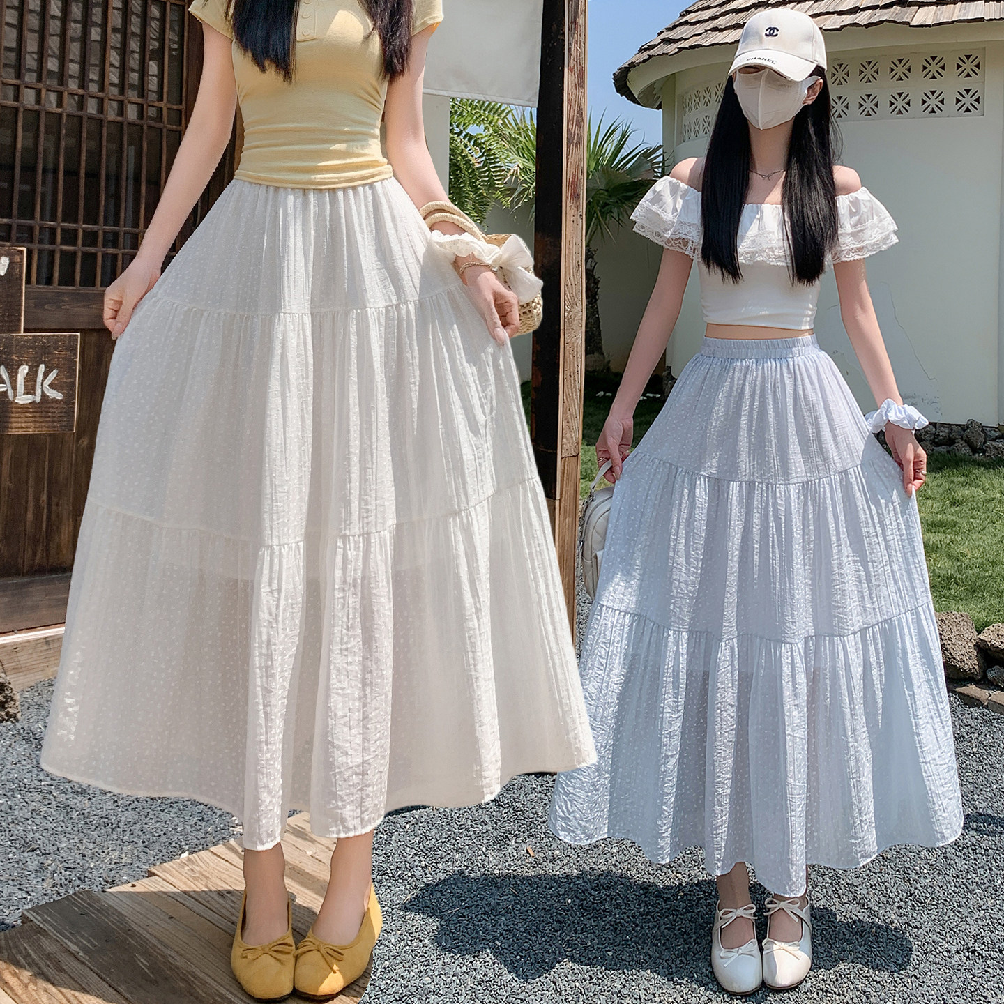 白色半身裙女夏季新款高腰显瘦中长款仙女裙出游风大摆裙A字伞裙