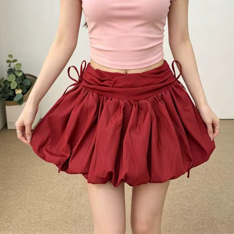 实拍大码韩系红色云朵花苞褶皱半身裙女夏季甜美高腰A字灯笼短裙