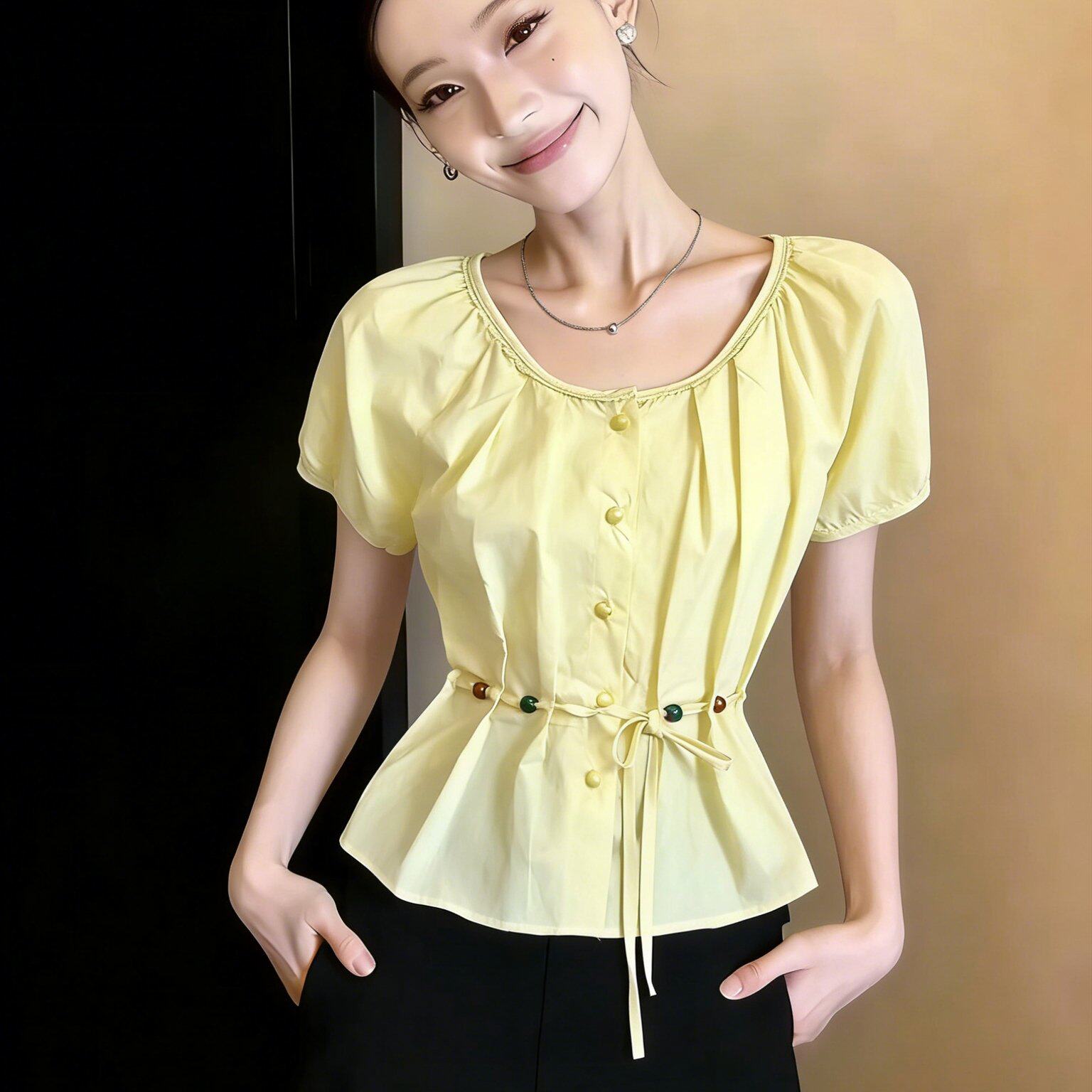 实拍有货2026夏新款彩色串珠腰带衬衣女夏气质圆领短袖上衣