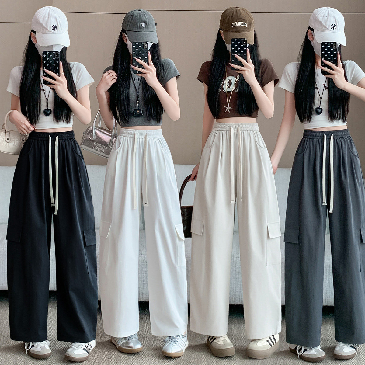 实拍美式伞兵裤女2026新款春秋高腰显瘦宽松运动裤直筒休闲阔腿裤