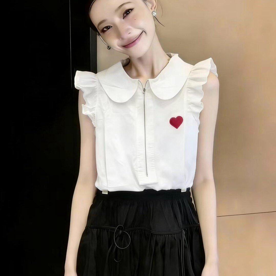 实拍有货2026夏季新款娃娃领爱心刺绣衬衫女小个子蓬蓬裙两件套