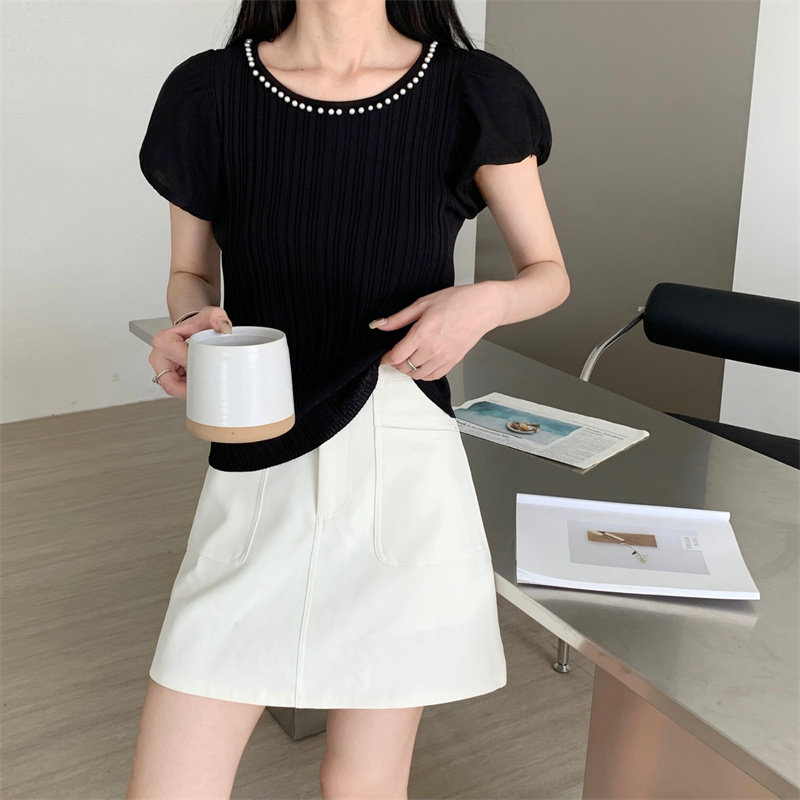 实拍 夏季韩版休闲纯色修身显瘦简约圆领钉珠泡泡袖上衣女