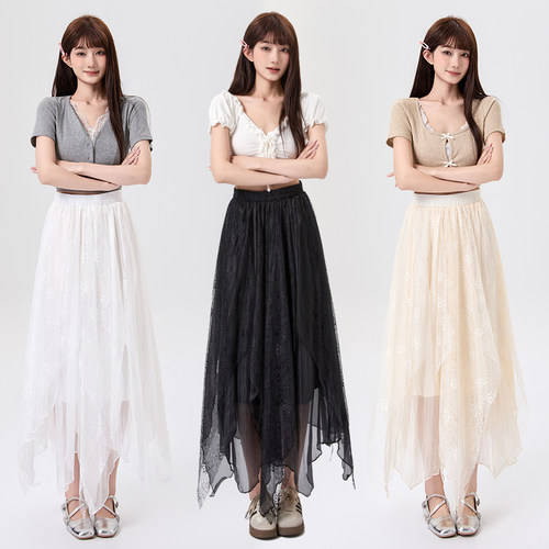 实拍不规则蕾丝拼接A字半身裙女2026春夏高腰显瘦网纱蓬蓬长裙