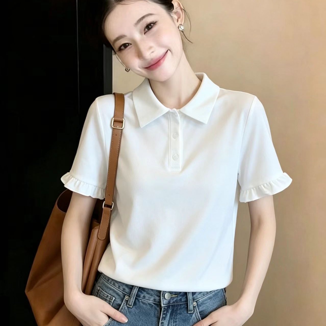 实拍有货2026夏季新新款白色POLO领衬衫女上衣荷叶袖上衣短袖衫