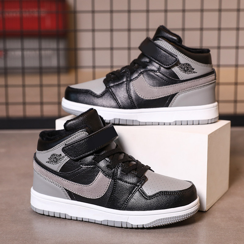 儿童aj童鞋男童蓝球鞋2023新款高帮板鞋影子灰皮面防水女童运动鞋