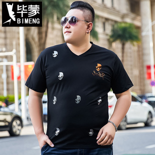 毕蒙夏季加肥加大码短袖t恤V领半袖潮流时尚纯棉大号体恤胖子男士