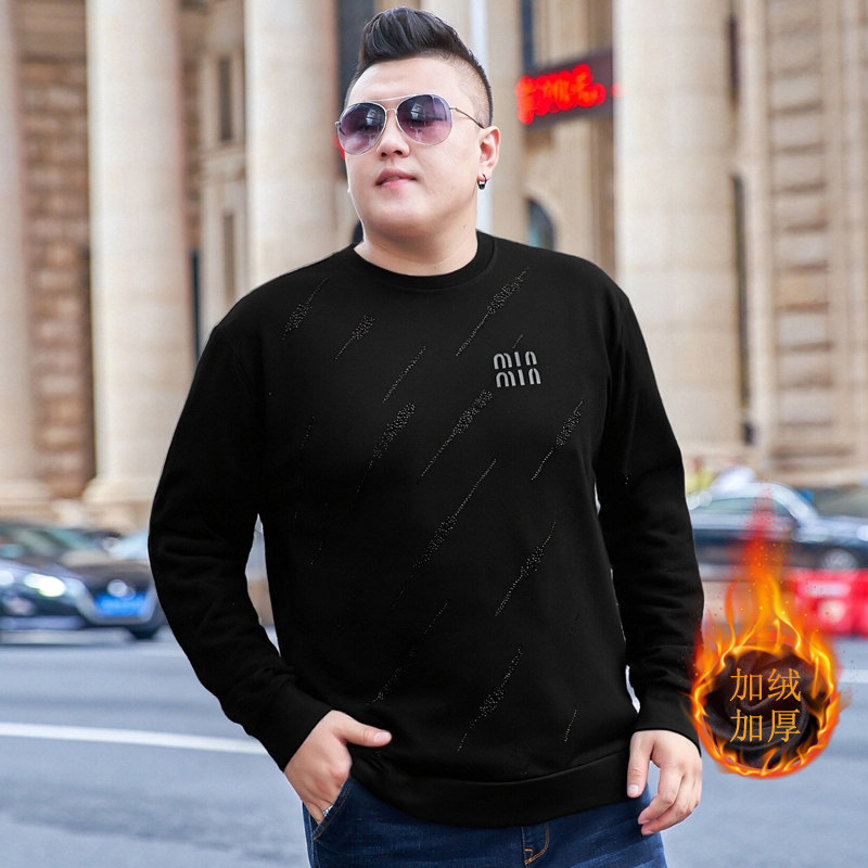 毕蒙大码男卫衣黑色圆领套头宽松胖子加肥加大码潮流加绒加厚上衣