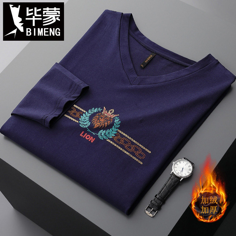 毕蒙胖子男装秋加绒加厚长袖t恤肥佬宽松v领衫加肥加大码休闲衣服