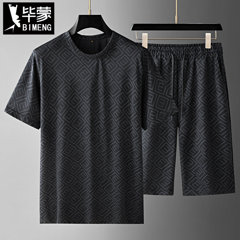 毕蒙胖子薄款休闲短袖t恤五分裤套装特大号薄款高弹力运动装男夏
