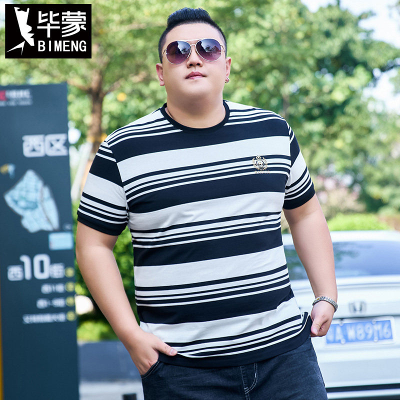 毕蒙夏季胖子男士纯棉圆领短袖t恤肥佬特大码宽松休闲条纹体恤潮