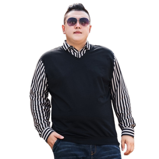 毕蒙胖子商务休闲翻领长袖t恤春秋款特大号宽松条纹上衣杉肥佬潮T
