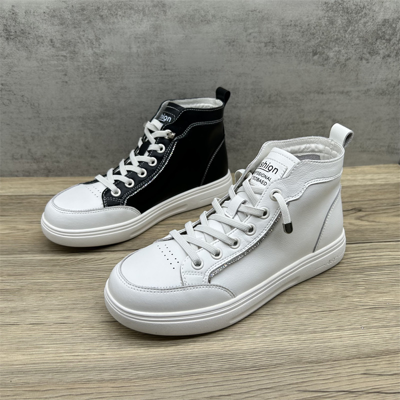 真皮高帮小白鞋女松紧带圆头平底