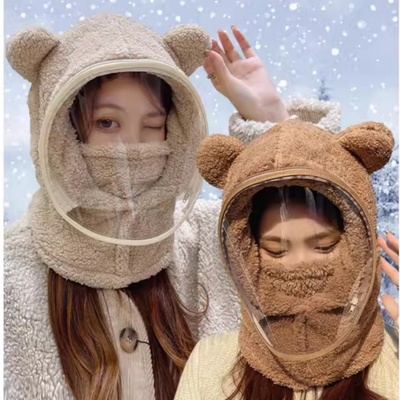 熊帽围巾一体化女子冬季自行车电动车儿童防风面罩面罩保暖护耳帽