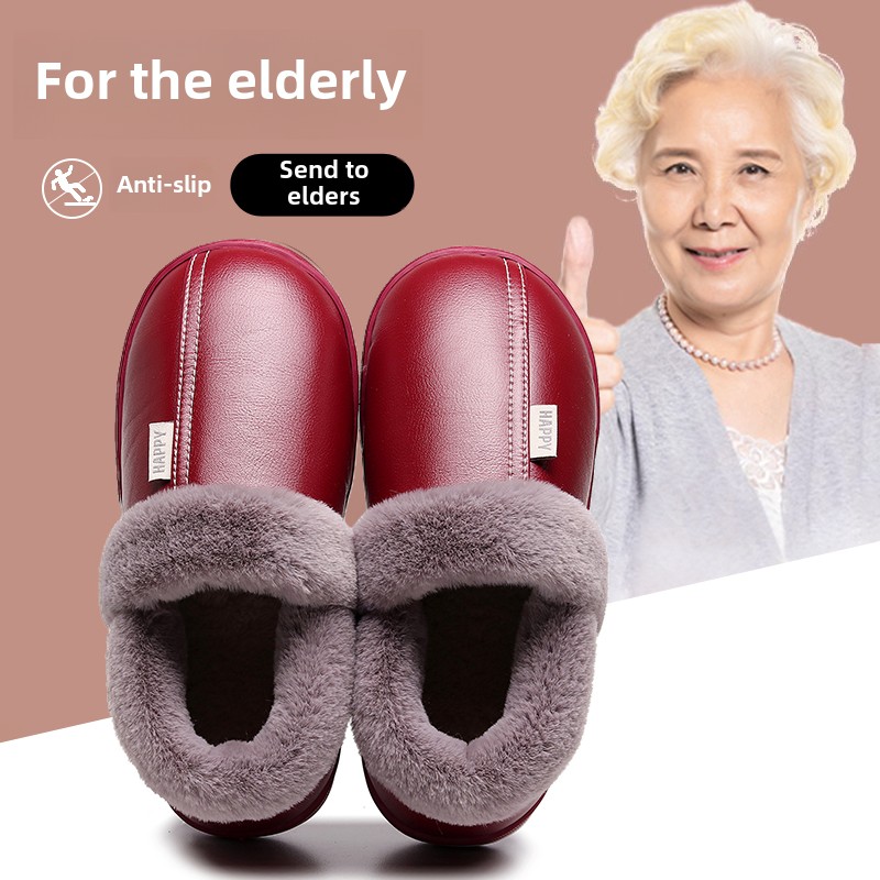 老人防滑棉鞋冬季保暖居家用防水毛毛女皮面中老年棉拖鞋全包跟男