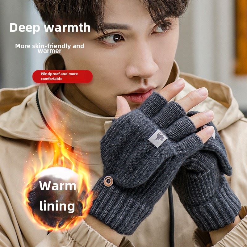 手套男冬天半指情侣学生写字露指韩版秋冬季针织毛线翻盖骑行保暖