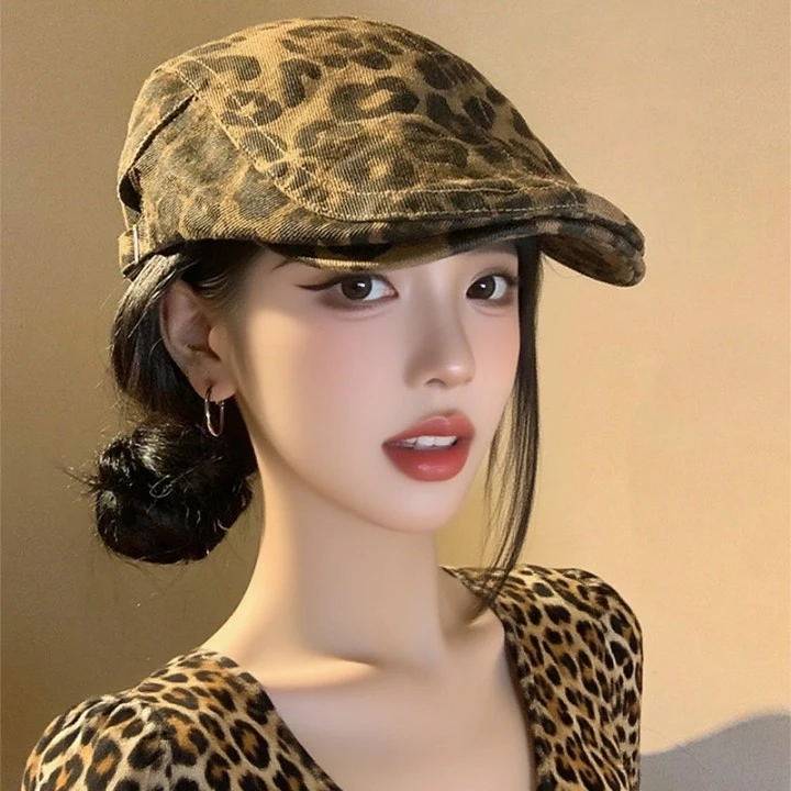 辣妹豹纹前进帽女秋美式复古百搭