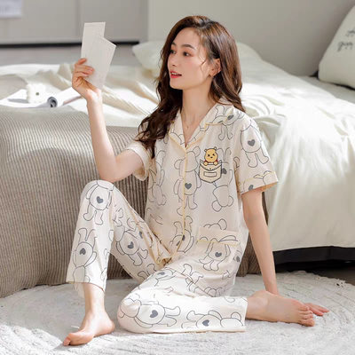 睡衣女夏季100%纯棉短袖长裤2026年新款全棉可外穿家居服薄款套装