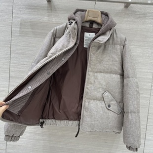 高端定制灰色连帽短款羽绒服女2025冬新款羊毛混纺保暖轻奢外套