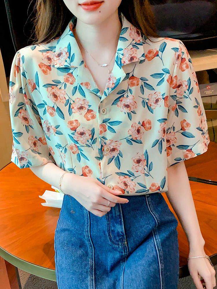 夏季复古法式碎花衬衫女