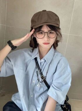 夏季多巴胺浅蓝色衬衫女短袖宽松学生衬衣百搭日系夏天薄款上衣