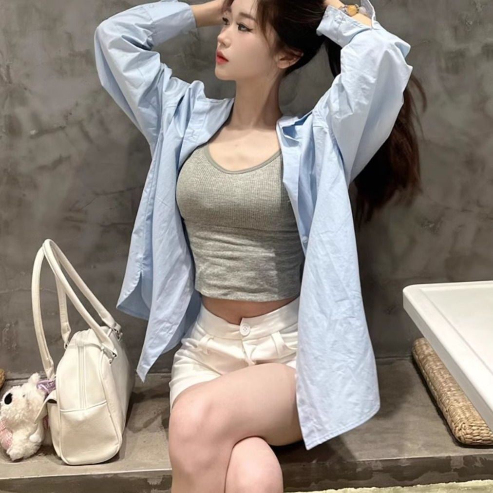 春季高级浅蓝色衬衫女长袖外套宽衬衫