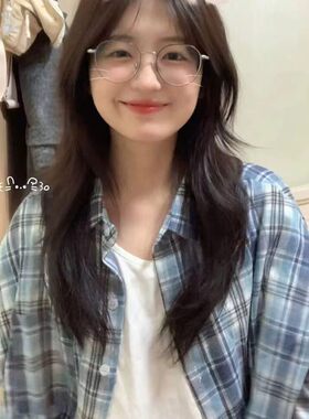 春季复古蓝色格子衬衫女长袖休闲薄款夏天上衣防晒格纹外套衬衣