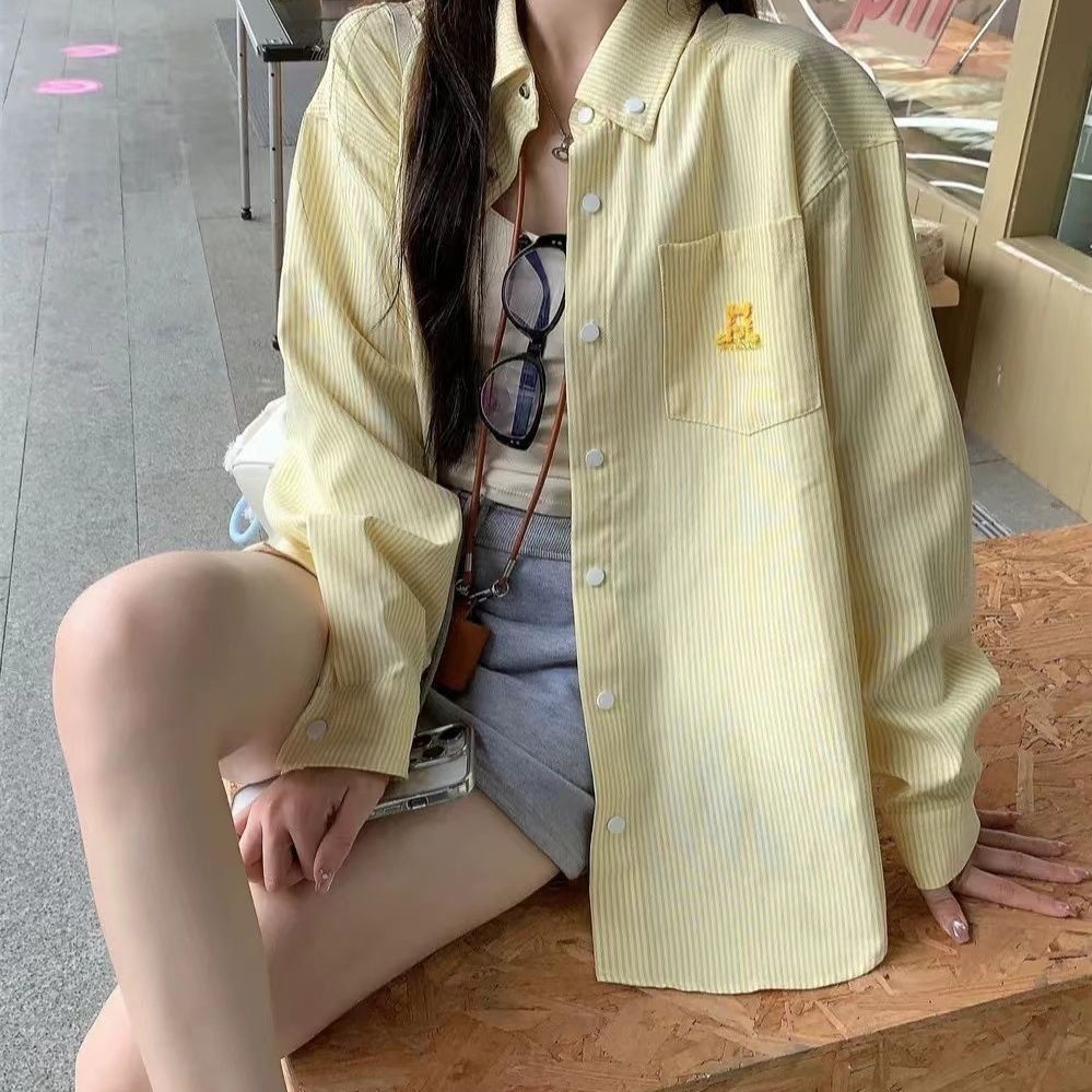 早春季港风黄色条纹衬衫女长袖叠穿宽松大码韩版休闲衬衣外穿上衣