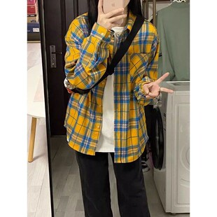 春季港味复古休闲宽松衬衣小众夏天防晒上衣学院风长袖格子衬衫女