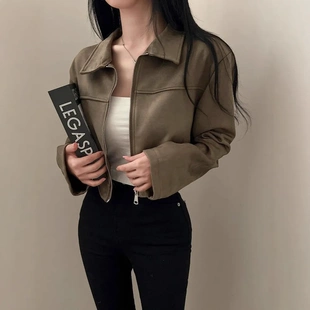 皮绒短款 宽松百搭长袖 夹克外套女 复古帅气翻领拉链式 秋季