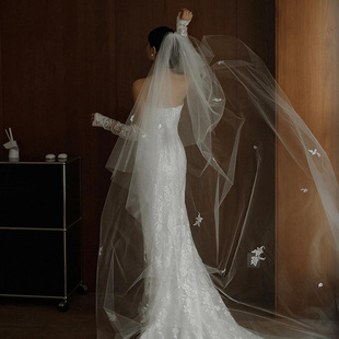 头纱新娘主婚纱韩式简约蕾丝碎花森系超仙婚礼大拖尾拍照道具高级