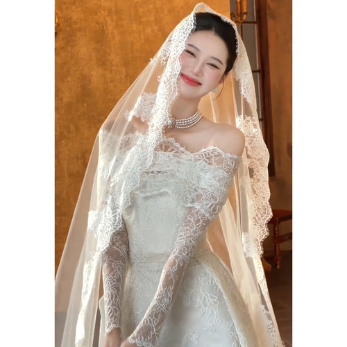 法式复古蕾丝头纱新娘结婚大拖尾