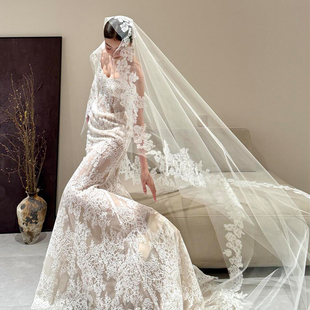复古蕾丝长头纱新娘主婚纱法式 大拖尾超仙婚礼绝美高级感拍照道具