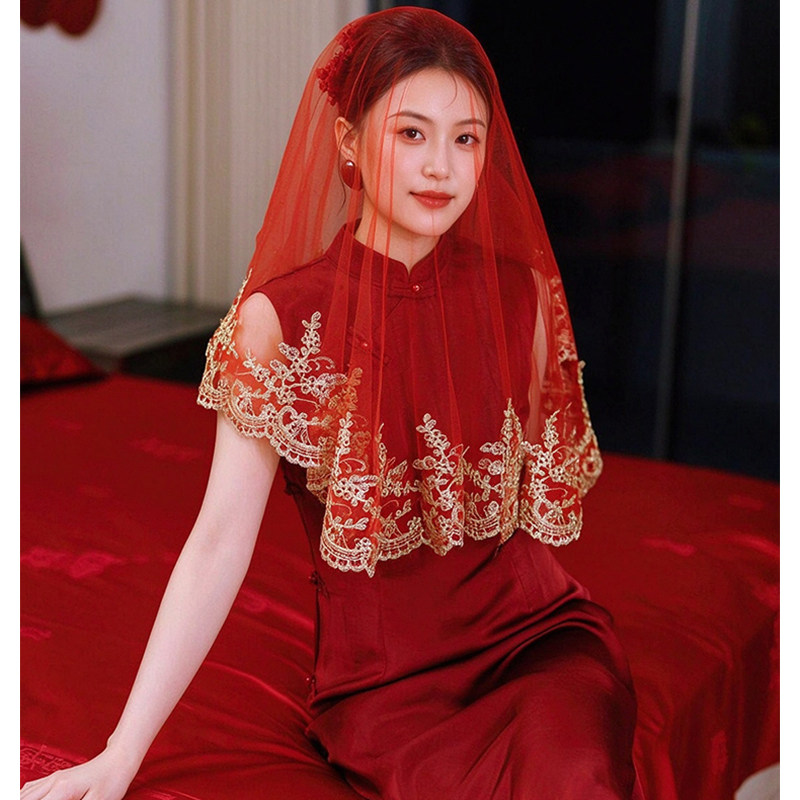 红盖头新娘秀禾头饰中式婚礼刺绣头纱半透明高级百搭复古凤冠霞帔