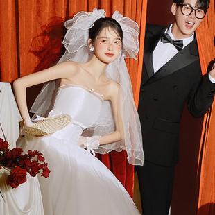 法式珍珠领证头纱森系甜美白色求婚蓬蓬新娘头饰超仙复古风高级感