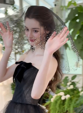 黑色头纱领证短款带钻亮晶晶新娘结婚头饰拍照道具高级感求婚发饰