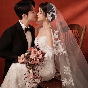 高级感蕾丝头纱新娘主婚纱超仙婚礼拍照道具大拖尾影楼造型纱长款