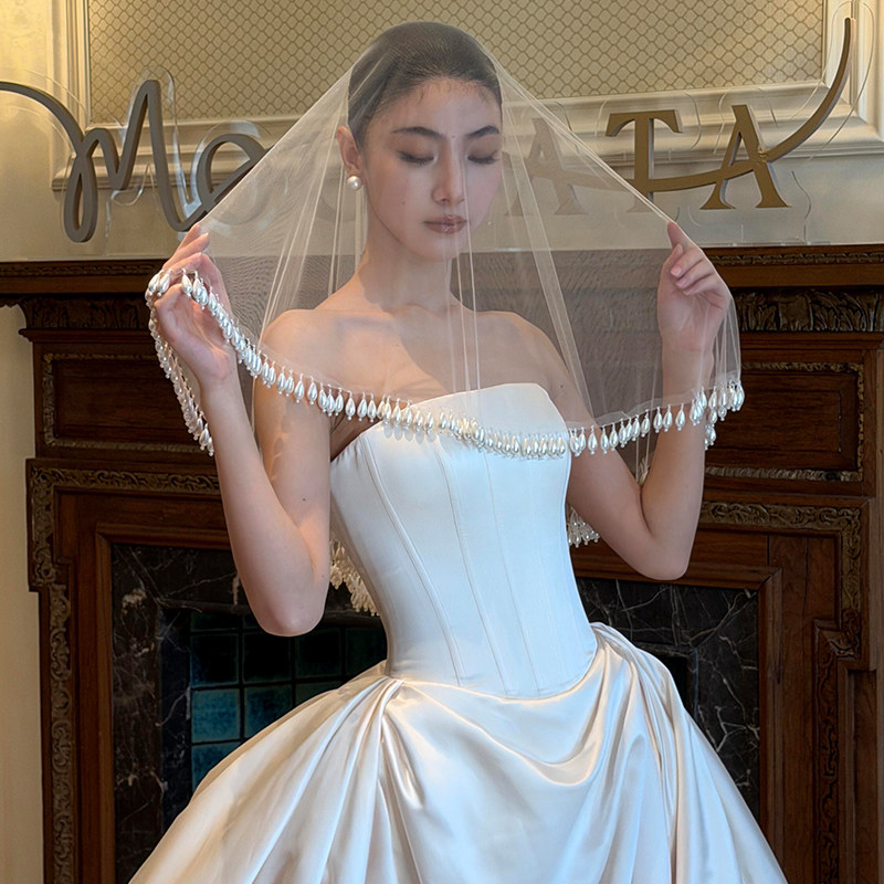 高级感珍珠流苏头纱新娘主婚纱拍照道具法式小众设计超仙复古头饰