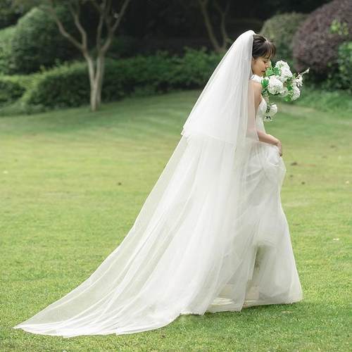 新娘主婚纱新款大拖尾3米宽结婚礼森系户外超长简约拖地素纱头纱
