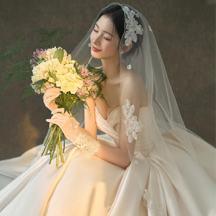 婚纱头纱超仙拍照道具花朵蕾丝大拖尾求婚领证新娘发饰简约高级感