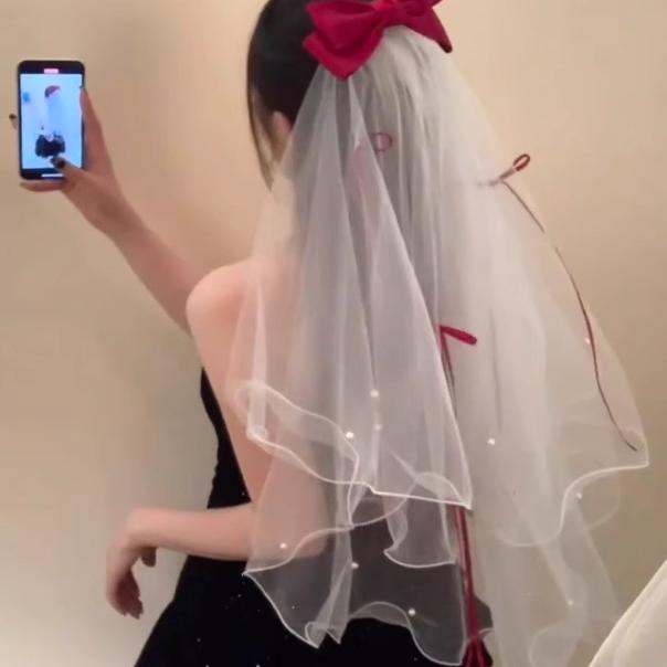 求婚登记蝴蝶结头纱红色超美