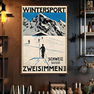 高山滑雪SKIING PRINT美式复古怀旧装饰画挂画墙壁画框滑雪场雪山